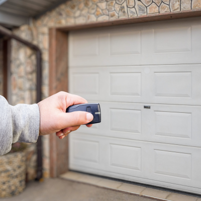 Napa security key fob pointing to a garage door