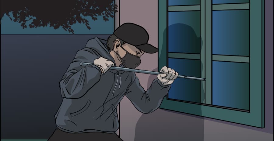 Illustration of burglar forcing entry through a window in Napa